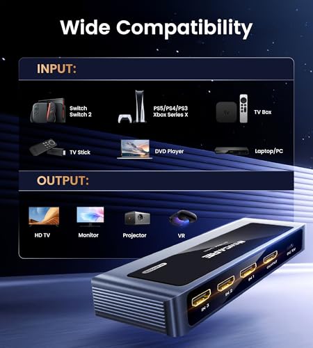 Image of NEWCARE HDMI 2.1 Switch 3 in 1 Out 4K@120Hz, Aluminum 3 Ports HDMI Switcher Splitter with Remote, Supports 8K@60Hz 48Gbps HDR10+ 3D Dolby VRR HDCP 2.3 for TV PS5 Xbox Laptop Projector