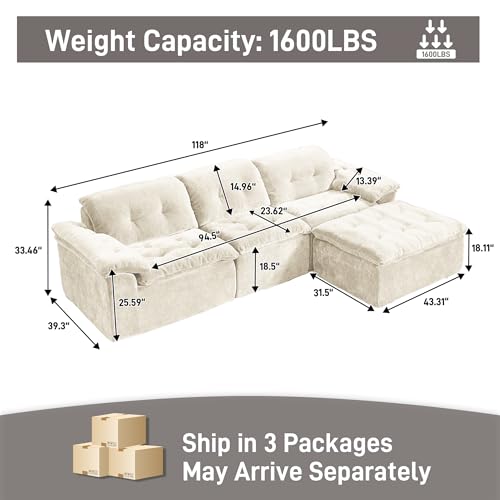 Image of 118 inch Oversized Modular Sectional Sofa, Large Modern Cloud Sectional Couch with Ottoman, Chenille 4 Seat Sofa Set, L-Shape Couch for Living Room, Apartments, No Assembly Required, Beige