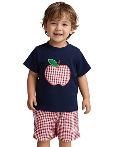 Image of Pudcoco Kids Toddler Boys Back to School Outfit Apple Applique Shirt + Plaid Shorts First Day of School Clothes Set