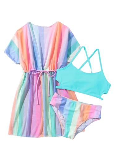 Image of Girls Bikini Set 3 Piece - Striped Multicolored Swimsuit with Quick Dry Cover Up - Bathing Suit for Kids 6-14 Years