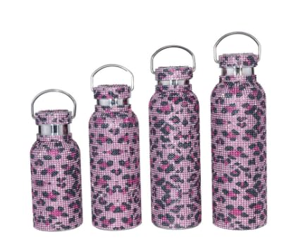 EVREFIN ダイヤモンドウォーターボトル、光沢のあるラインストーンのステンレススチール製魔法瓶、製の断熱、女性用の光沢のあるダイヤモンドチェ、製のカップ (600ml アルミチェーン+パールチェーン付き,ヒョウ柄ピンク)
