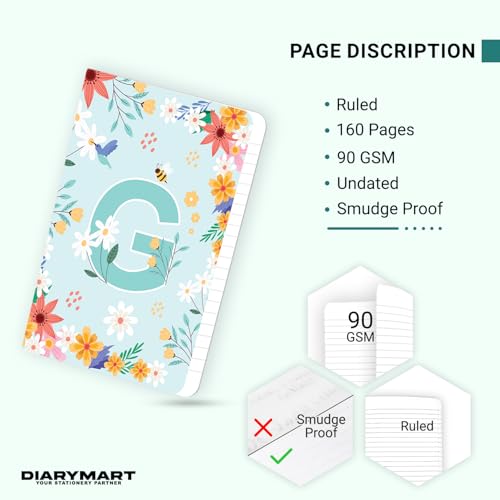 Image of Initial G Premium Soft Bound Notebook Diary for Girls and Women (B6, 90 GSM, 160 Ruled Pages) Floral Design Notebook Journal Diary