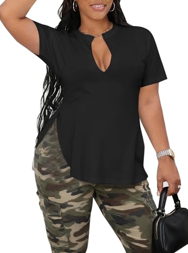 Side Slit Tees for Women Plus Size Sexy Tops V Neck Tshirt Black XXXX-Large