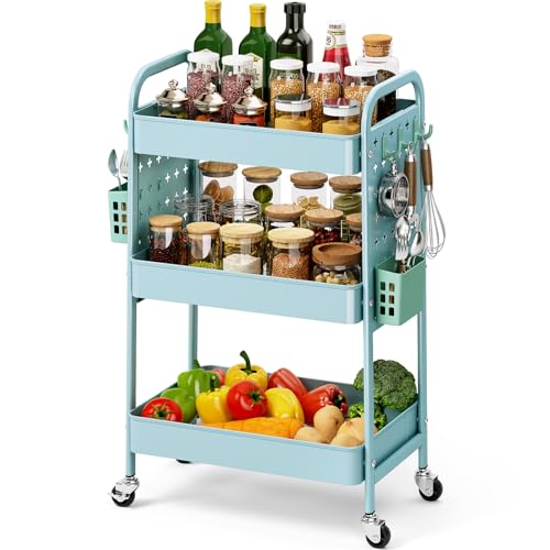 Image of KINGRACK 3 Tier Rolling Cart with DIY Pegboard, Metal Utility Cart with Wheels, Hooks & Baskets, Sturdy Storage Organizer for Craft, Bathroom, Kitchen, Office, Nursery, Classroom(Blue)