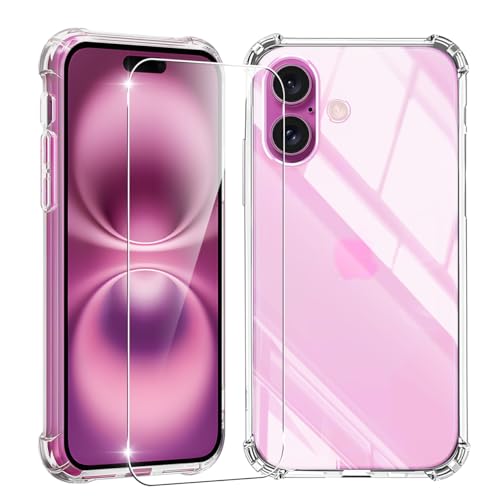 JCJCLY for iPhone 16 用 ケース クリア ガラス保護付き 黄変防止 アイフォン16 用 耐衝撃 アイフォン 16 専用case 指紋防止 落下防止 いphone16 用ケース 耐久性 ストラップホール付き 薄型 軽量 ソフトワイヤレス充電対応 アイホン16 カバー JCJC-TPUIP16