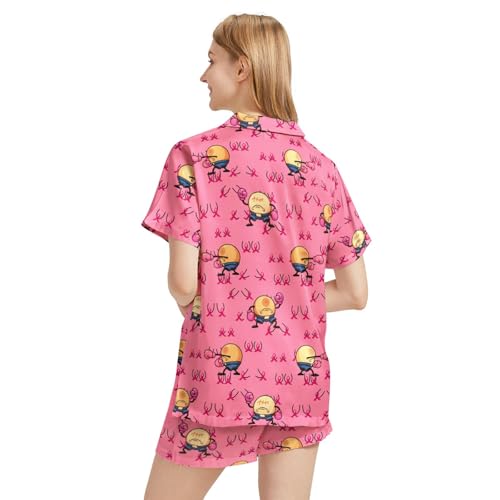 Image of Funny Pajamas for Women Set Print Satin Loungewear Pjs Short Sleeve Button Down Top and Shorts Sets Sleepwear XS-3XL
