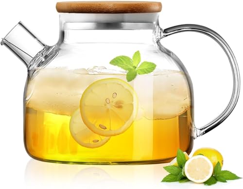 JINELZA Glass Tea Pot Kettles Stovetop Safe, 1000ml Heatproof Borosilicate Glass Teapot Water Pitcher with Bamboo Lid and Removable Filter Spout for Loose Leaf and Blooming Tea 1 Pcs