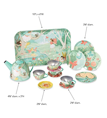 Hearthsong 15-Piece Fairy-Themed Tin Tea Set With Lidded Teapot, Includes Teapot, 4 Plates, 4 Cups, 4 Saucers, Serving Tray And Carrying Case #TOP3