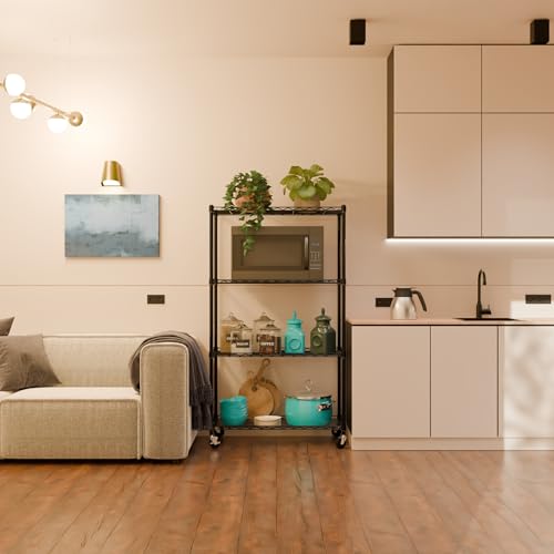 Image of 4-Shelves Wheels Heavy Duty Steel Storage Rack | Multipurpose Shelving Unit for Kitchen, Home & Utility