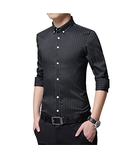 Suwequest Camisas de manga larga sociales a rayas de los hombres Camisa Slim Fit Hombre Camisas de vestir, Camisa negra., XL