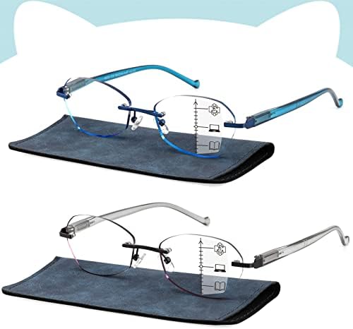 SUNAMOY Multifocus Reading Glasses Women Stylish Progressive Multifocal Rimless No Line Bifocal Reader Fashion Blue Light Computer designer Eyeglasses Ladies Cute Transition Cheater Eyewear 1.00