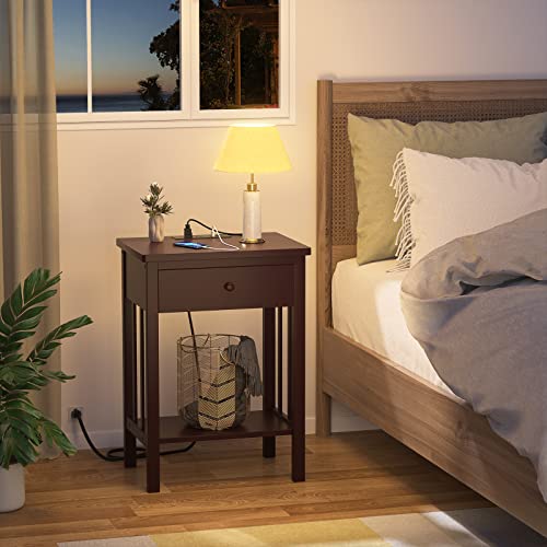 Homykic Nightstand With Charging Station, Bamboo Nightstands Sets Of 2, Wood Bedside Table With Usb Ports And Outlets, End Table Side Table With Drawer And Storage Shelf For Bedroom, Espresso #TOP1