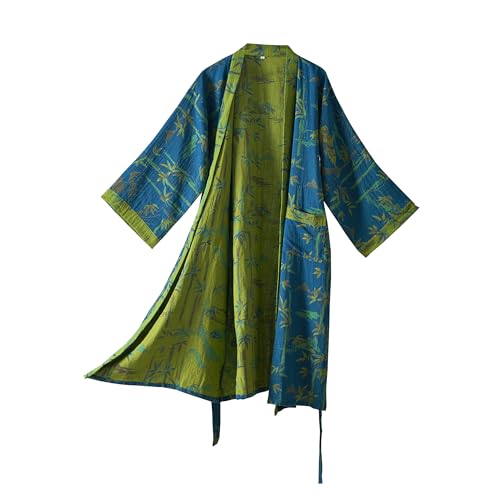 Purefair 100% Cotton Gauze Bamboo Leaf Kimono Robe, Long Knit Loose Loungewear Bathrobe Nightgown Ladies Sleepwear for Women