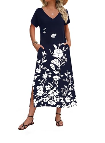 Image of Zeagoo Women Summer Floral Dress Short Sleeve Beach Dress with Pockets Casual V-Neck Split Long T-Shirt Dress Travel Vacation