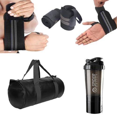 true indian Combo Pack of 3 Shaker Bottle With Gym Bag and Wrist Band - 500 ml Bottle, Duffel Bag for Fitness, Shoulder Bags, Wrist Support for Men and Women (BLACK)-picture-15