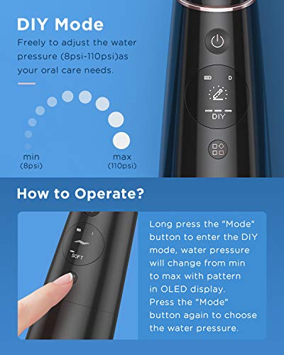 Liberex Cordless Water Flosser - 4 Preprogrammed + 10 DIY Modes, 300ML Tank Portable Waterproof Oral Irrigator, Digital Display, 5 Dental Jet Nozzles, Teeth Cleaner for Travel, USB Rechargeable