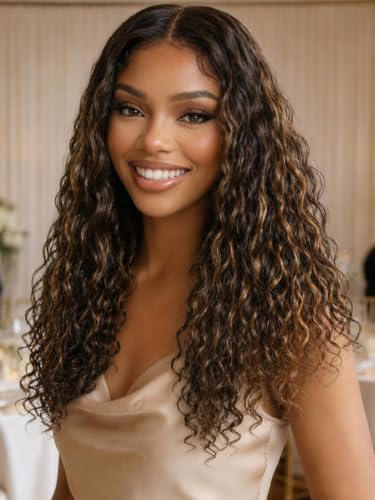 Image of KLAIYI Bye Bye Slip Golden Blonde Balayage Highlights Water Wave Glueless Precut 7x5 Lace Front Wigs Human Hair Drawstring Ombre Brown Curly Pre Plucked Bleached Knots Ready to Wear and Go Wig 16Inch