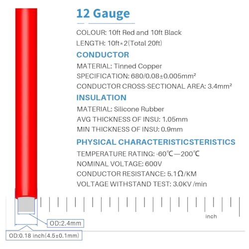 BNTECHGO 12 Gauge Silicone Wire 10 ft red and 10 ft Black Flexible 12 AWG Stranded Tinned Copper Wire
