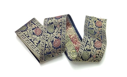 Image of Brocade Ethnic Work 9 Meter Laces and Borders Material for Dresses, Sarees, Lehenga, Suits, Blouses, Dupatta, chunri and Crafts (Navy Blue)