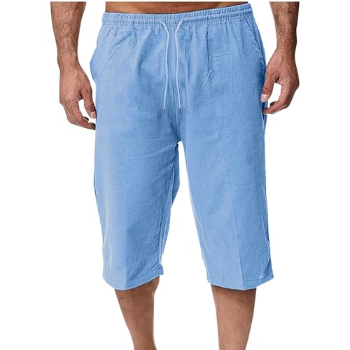 Mens Linen Shorts Capri Pants Baggy Drawstring Elastic Waist Beach Summer Cotton Athletic Shorts