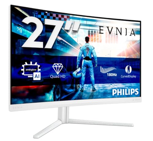 Philips Gaming Monitor 27M2C5501 27 pollici, Curvo, 2560x1440, WQHD, 180Hz, Fast VA Panel, 0.5ms MPRT, , (HDMI2x 2.0 DP 1x 1.4) Adaptive Sync, HDR10, FreeSync Premium, Bianco