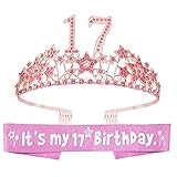 EBE EmmasbyEmma 17th Birthday Sash and Tiara for Girls - Fabulous Set - Glitter Sash, Starry Sky Rhinestone Pink Premium Metal Tiara, Gifts for Teenagers Party