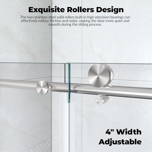 Frameless Sliding Shower Door Enclosure, 44-48\" W x 76\" H, 8mm Tempered Glass with One Fixed & One Sliding Panel, Stainless Steel Round Rail & 55 Rollers, Matte Black for Bathroom - Thumbnail 6