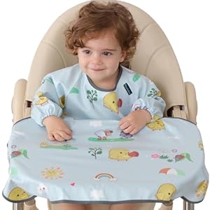 PewinGo Weaning Bib Attaches and Fully Cover to Baby Highchair, Long Sleeves Bib with Waterproof, Machine Washable & Comfortable,Easy to Clean, Suitable for BLW 6 Month to 3 Years Old-Grey