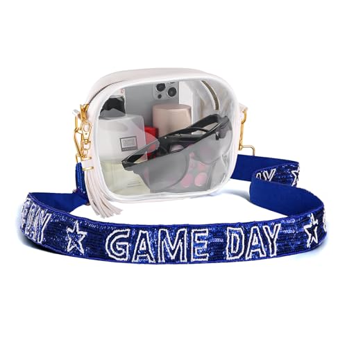 vokone Clear Bag for Stadium Events Game Day Clear Purse with Beaded Purse Strap,Stadium Approved Clear Crossbody Bag for Concerts Sports (Blue White)