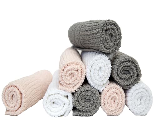 Image of PH Pleasant Home Ribbed Wash Cloths Set - 12 Pack (12 inch x 12 inch) - 509 GSM - 100% Ring Spun Cotton Wash Cloth - Super Soft and Highly Absorbent Face Towels (Light Grey, White & Pink)