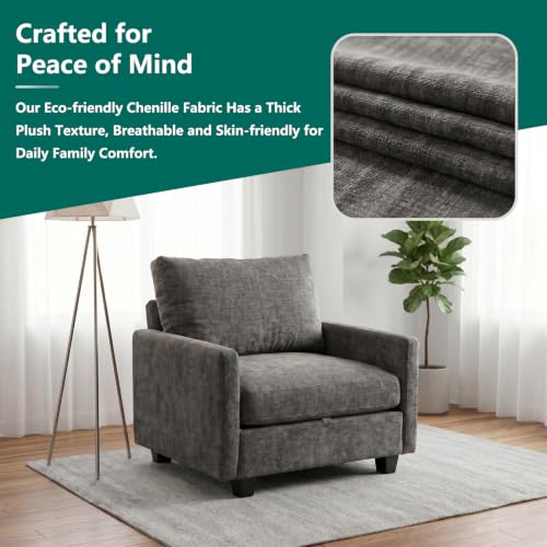 Image of Singel Seat Modern Couches for Living Room, 38 inch Single Sofa with Storage | High Resilience Foam, 22 inch Seat Depth, Movable Ottoman, Comfy Chenille, Easy Assembly, Dark Gray