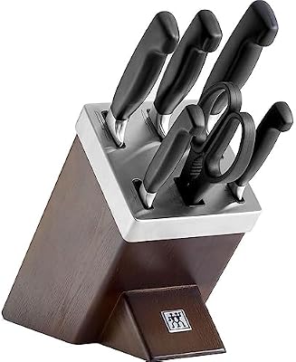 ZWILLING Bloque de cuchillos auto-afilables, 7 piezas, bloque de madera, cuchillos y tijeras con mango especial de acero inoxidable/plástico, Four Star