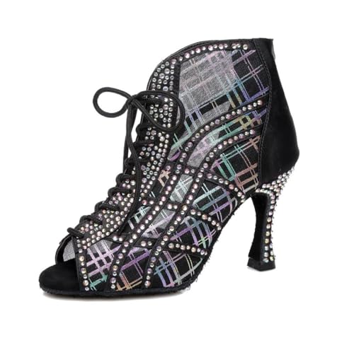 Bottines à lacets femme avec talon évasé noir de 9 cm en maille pailletée pour soirée
