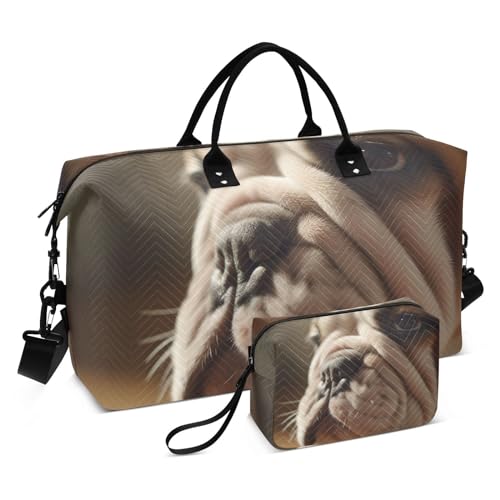 Large Travel Duffel Bag, Bulldog Close Up Sports Tote Gym Bag, Shoulder Weekender Overnight Bag for Women Men, Carry On Luggage with Toiletry Bags