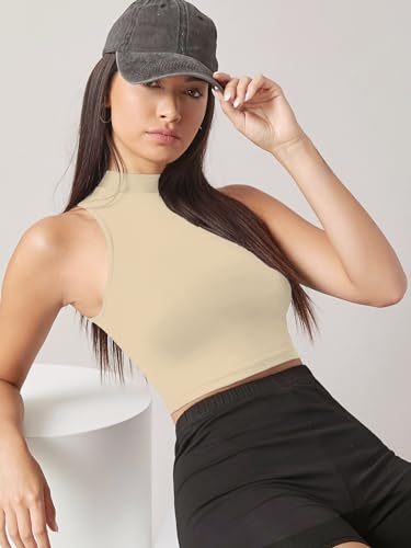 Image of Sugathari Women's & Girls' Solid Ribbed High Neck Sleeveless Crop Tops for Women (Top 37)