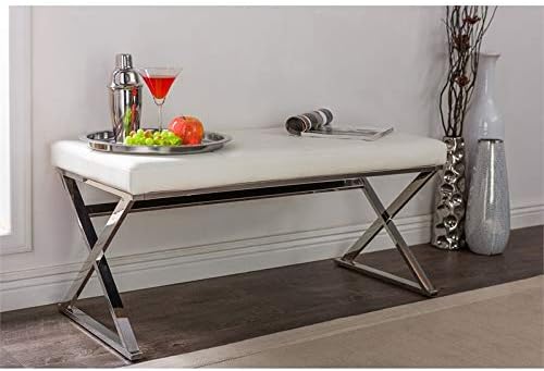Herald White Faux Leather and Stainless Steel Rectangular Bench