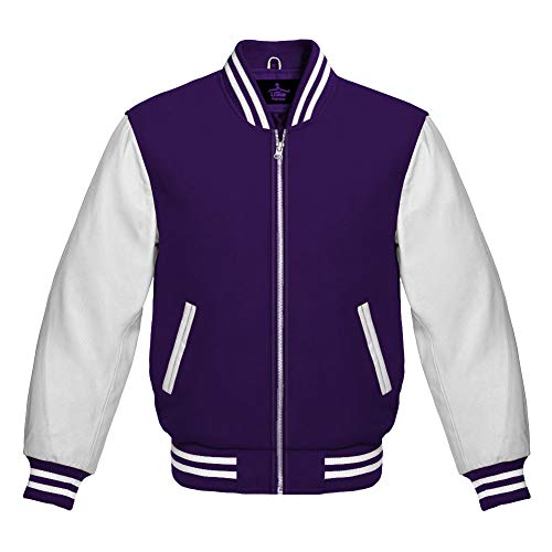 Men's Varsity Jacket Baseball Letterman Bomber Wool & White Genuine Leather Sleeves Zipper
