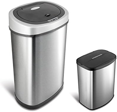 NINESTARS CB-DZT-50-98-1C Automatic Touchless Motion Sensor Oval & Rectangular Trash Can Combo Set, 13.2 Gal. 50 L. & 2.1 Gal.8 L., Stainless Steel