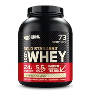 Optimum Nutrition Gold Standard 100% Whey Muscle Building and Recovery Protein Powder With Naturally Occurring Glutamine and BCAA Amino Acids, Vanilla Ice Cream Flavour, 76 Servings, 2.28 kg