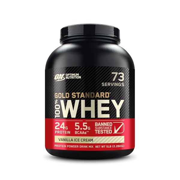 Optimum Nutrition Gold Standard 100% Whey Protein Powder, Vanilla Ice Cream, 5 Pound (Packaging May Vary)