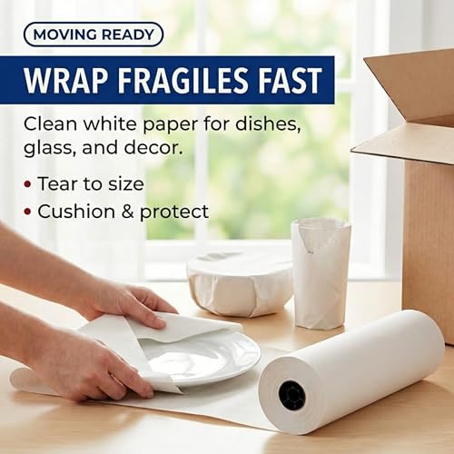 Image of Box USA Packing Paper Roll 15 inch x 1400ft (1,000 Sheets 17 inch Equivalent) - Newsprint Paper for Shipping, Storage and Moving Supplies, White