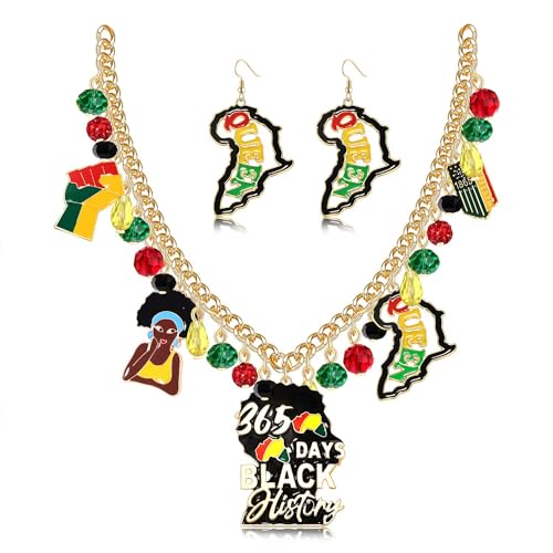 Juneteenth Necklace Earrings Bracelet for Women, Juneteenth Accessories, Cute Black Women Fist Charms Bracelet Choker Necklace African Map Earrings Indenpendence Day Party Gifts (Juneteenth Set)