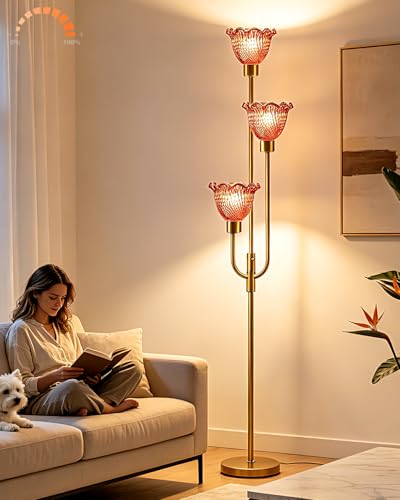 Image of 3-Lights Glass Floor Lamp 66IN Modern Gold Dimmable Floor Lamps with 3000K Warm White Bulbs for Wedding Party Tall Standing Lamp with Deep Red Glass Shade for Living Room /Bedroom /Girls Room