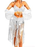CAKURE Women Rave Outfits Glitter Sequin Dress Tassel Belly Dance Costumes for Women (US, Alpha, One Size, Regular, Regular, B-silver)