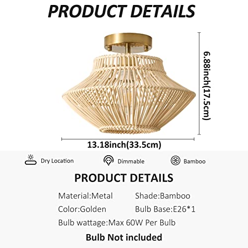 Ainqiant Boho Ceiling Light Fixture,13" Rattan Semi Flush Mount Ceiling Light,Hand Woven Cage Shade Small Chandelier With Brass Canopy For Hallway Entryway Bedroom Nursery #TOP3