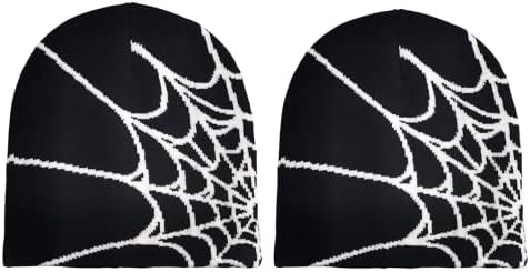 Pooyikoi Y2K Gothic Spider Pattern Wool Acrylic Knitted Hat Women Beanie Winter Warm Beanies Men Casual Skullies Outdoor (2 Piece,One Size,One Size)