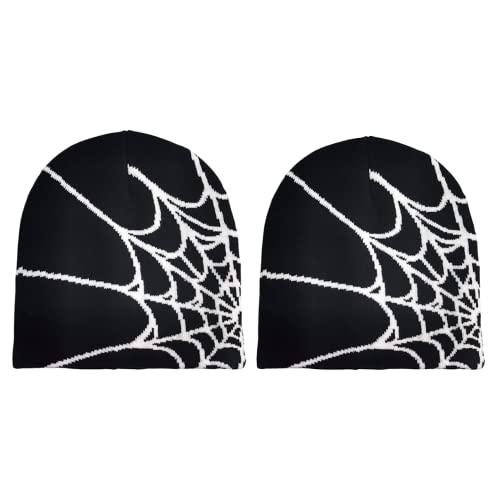 Pooyikoi Y2K Gothic Spider Pattern Wool Acrylic Knitted Hat Women Beanie Winter Warm Beanies Men Casual Skullies Outdoor (2 Piece,One Size,One Size) #TOP2