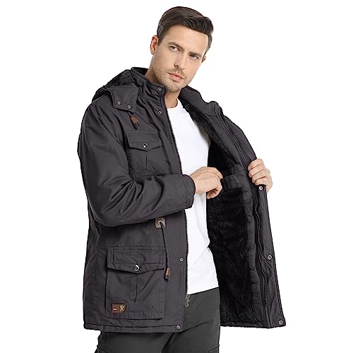 CHEXPEL Men's Thick Winter Jackets with Hood Fleece Lining Cotton Military Jackets Work Coats with Cargo Pockets Gray M2
