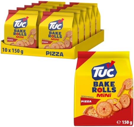 TUC Mini Bake Rolls Pizza, Brotchips, 150 g (10er-Pack) | Knusprige doppelt gebackene Brotchips mit Pizza-Geschmack, ideal zum Snacken