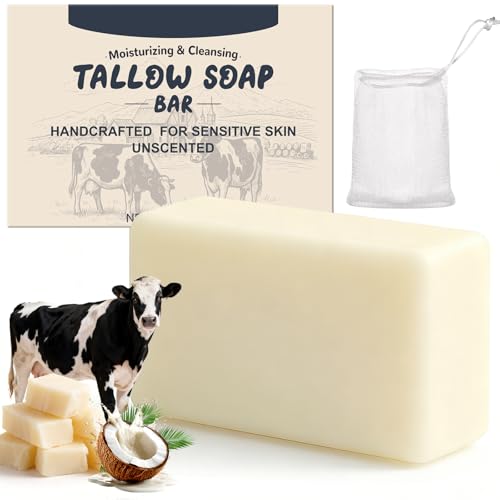 Viugex Beef Tallow Soap Bar All Natural and Organic Grass Fed Tallow Soap Moisturizing Face & Body Wash for Dry Itchy Sensitive Skin Deep Cleansing Handmade Bath Soap for Adults Kids - 1 Pack